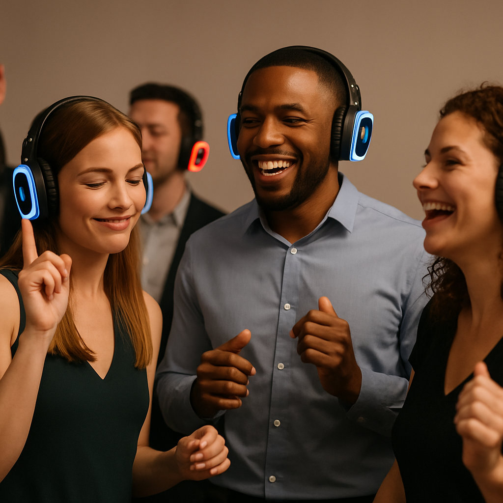 Silent Disco Experience - Guests wearing wireless headsets at an event